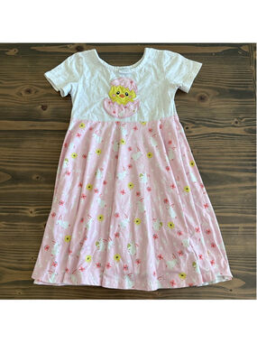 Girls Easter Bunny Dress Size 2XL Fits 6/7 Pink White Chick Spring Cottagecore
